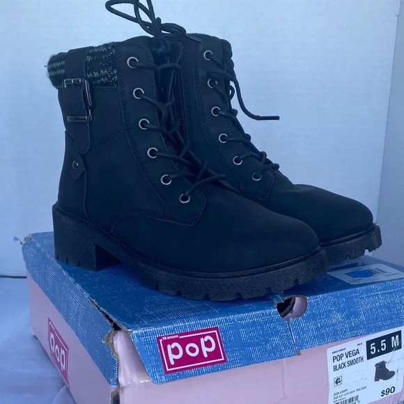 Pop Women's Black Side Zip Combat Boots - Picture 1 of 12